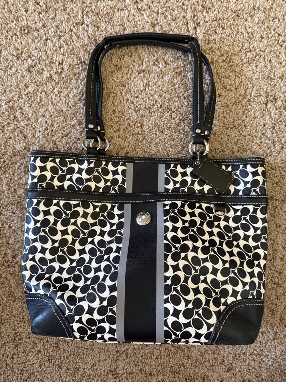 Coach Signature Op Art Tote Black White Leather Trim Handbag F15137